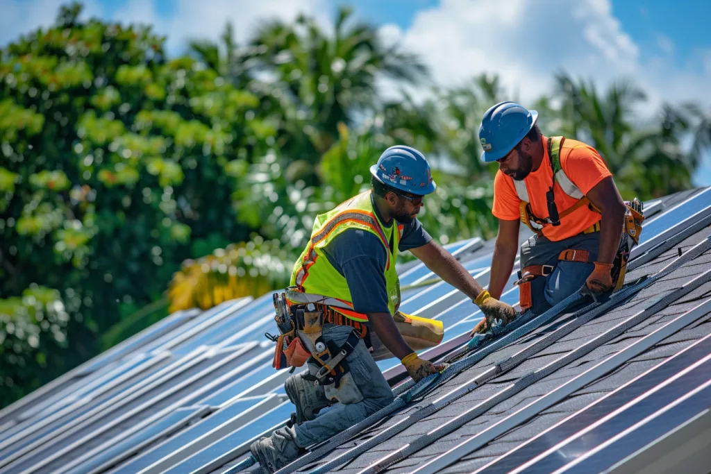 two roofers working on the solar roof tiles