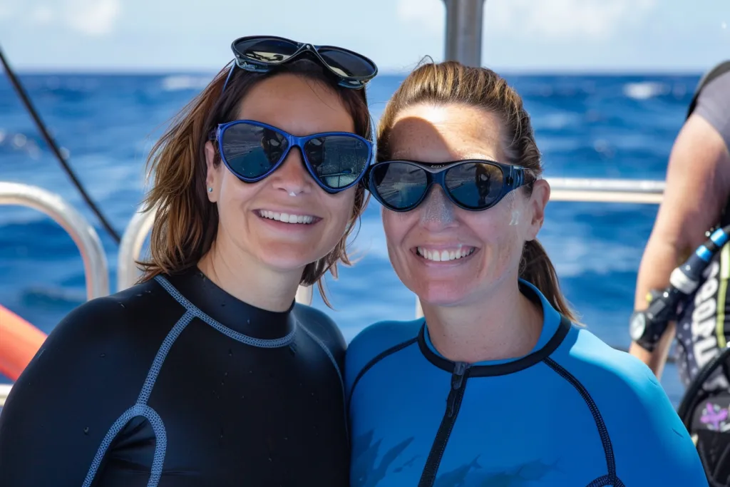 two women in black and blue wetsuits on the boat