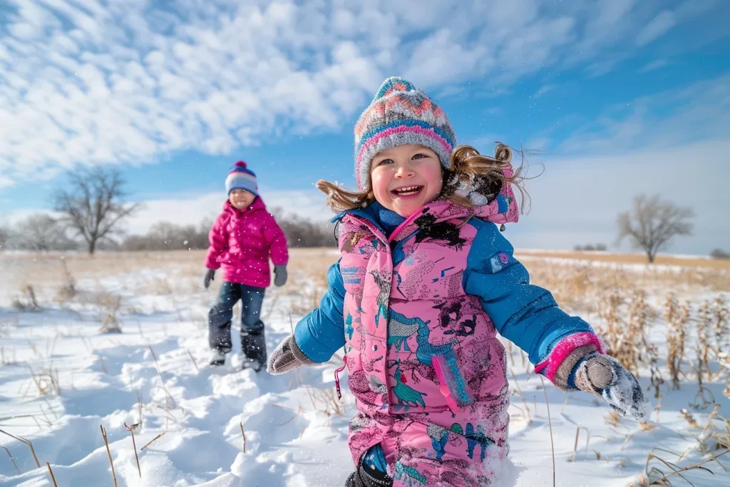 two young girls playing in the snow, one girl is wearing pink and blue winter gear with black boots