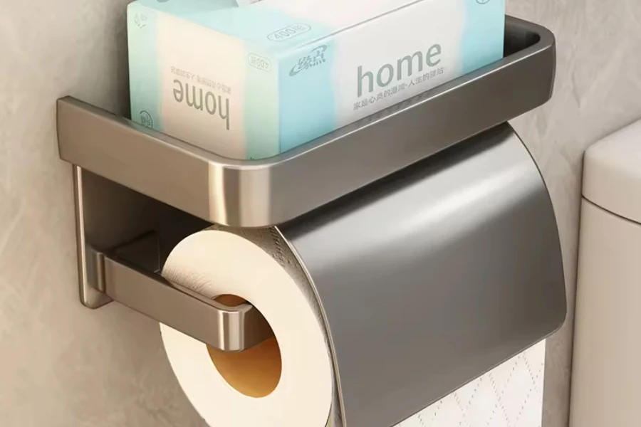 Wall-mounted toilet paper holder with metal shelf