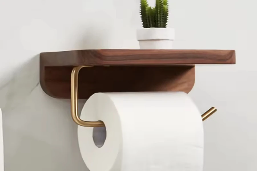 Wall-mounted wood and metal toilet paper holder