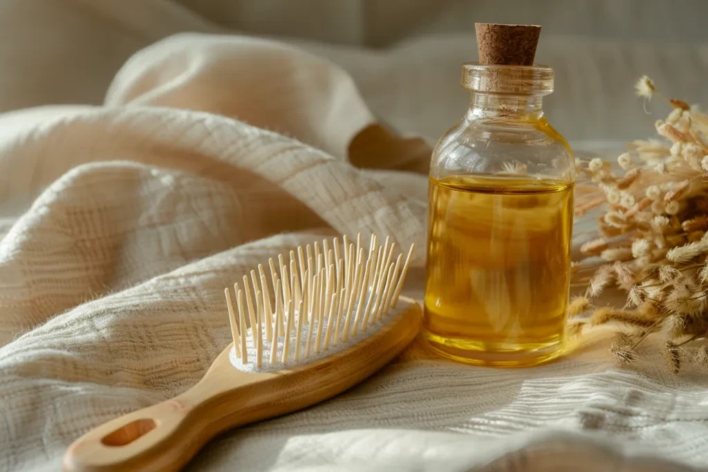 white bristles next to an ambercolored glass bottle of yellow oil