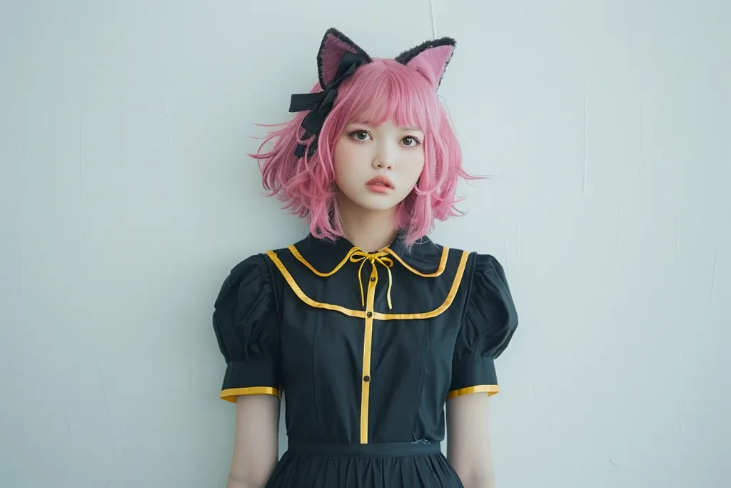 with pink hair and cat ears on her head