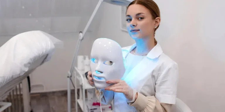 Woman holding an LED mask