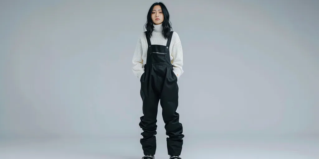 woman wearing black overalls and white turtleneck sweater