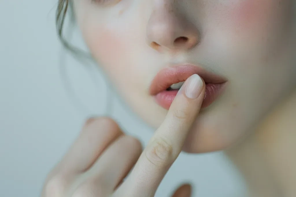 woman with beautiful white skin pointing to her lips