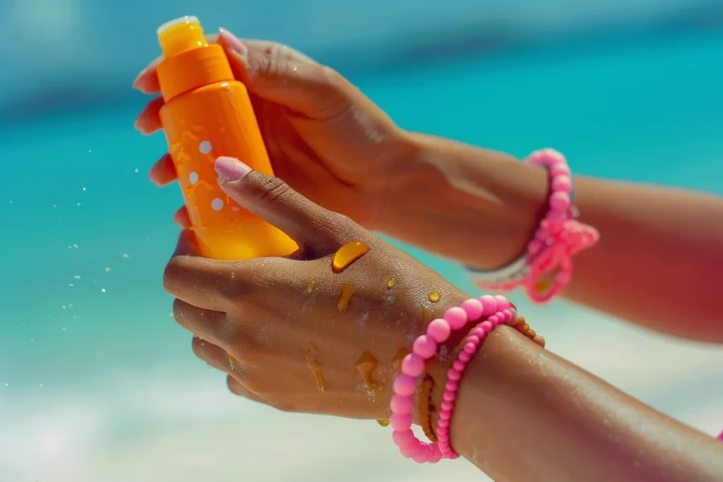 woman's hand applying sun cream on her arm