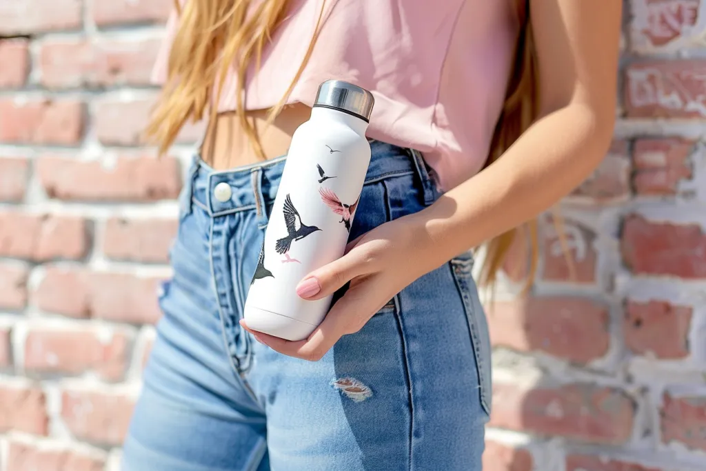 woman's hand holding an allwhite stainless steel water bottle