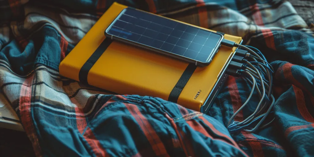yellow solar power bank with two charging cables on top of a flannel shirt