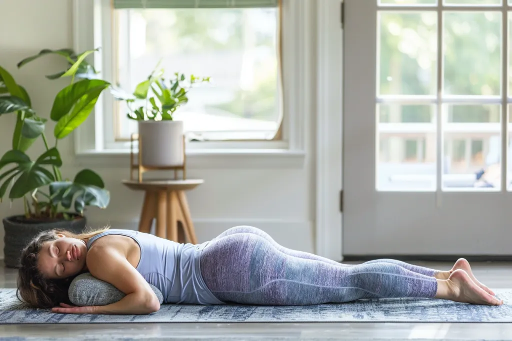 yoga pose on the floor, woman in a yoga outfit lying flat