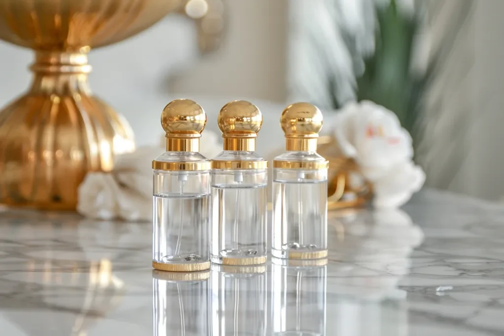 3 clear glass roll on perfume bottles sitting in the middle of an antique marble table