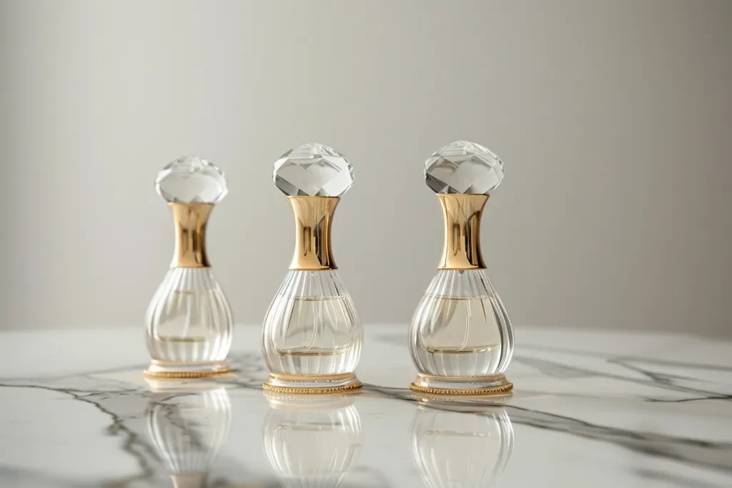 3 small clear glass perfume bottles with gold accents