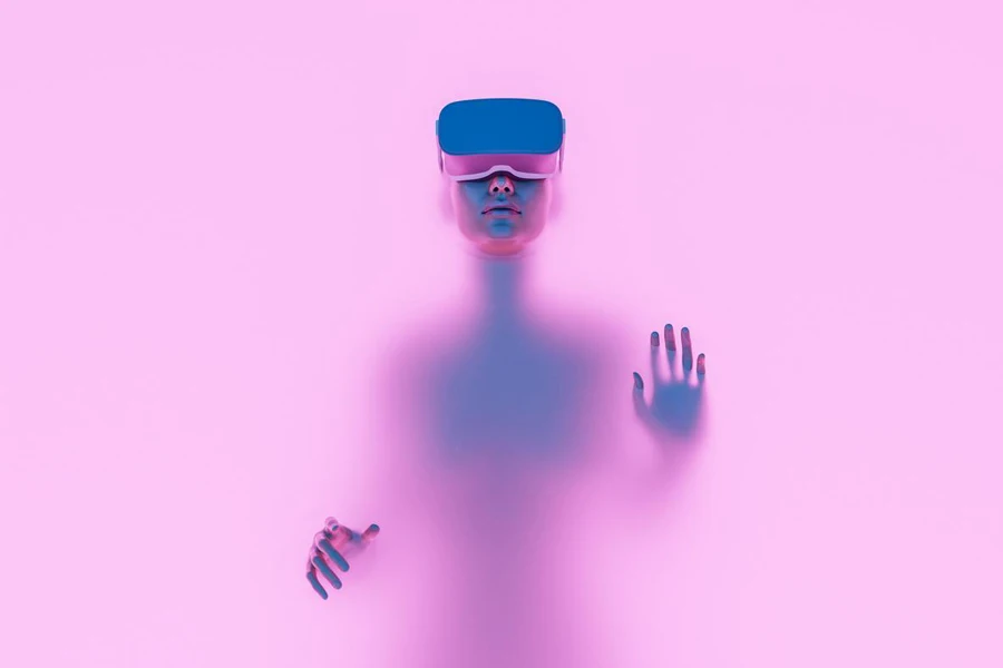 3d female character with VR goggles immersed in backlit diffuse liquid. metaverse concept, technology, experience, video games and virtual reality.