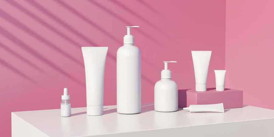 3d render of cosmetic bundle for skin hair care. White plastic package in row on bright millennial pink background. Sunny still life beauty branding set with fern shadows. Skincare products moc