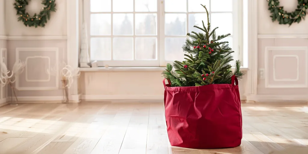 A Christmas tree storage bag in red stands upright