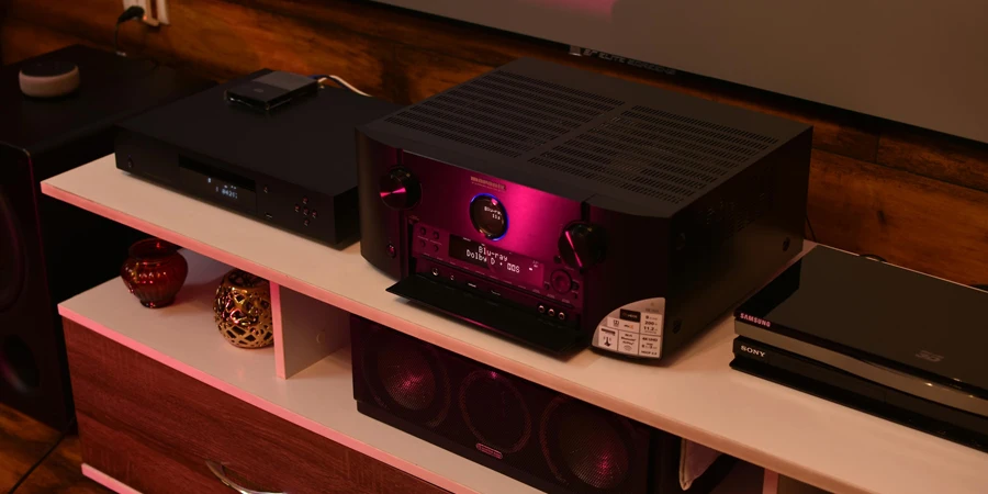 A Home Theatre Setup o a White Wooden Shelf