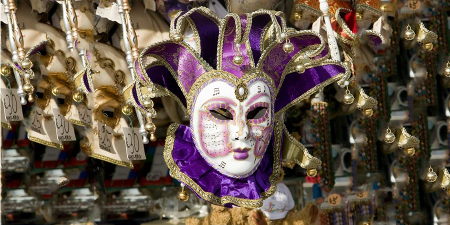 A Purple Jester Mask on Display