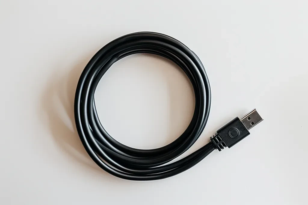 A black 6 foot micro-USB charging cable against a white background