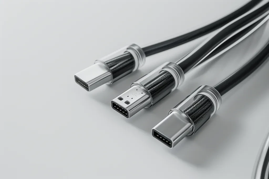 A black and silver three-in-one charging cable