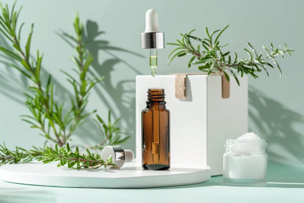 A bottle of rosemary essential oil is placed on the table