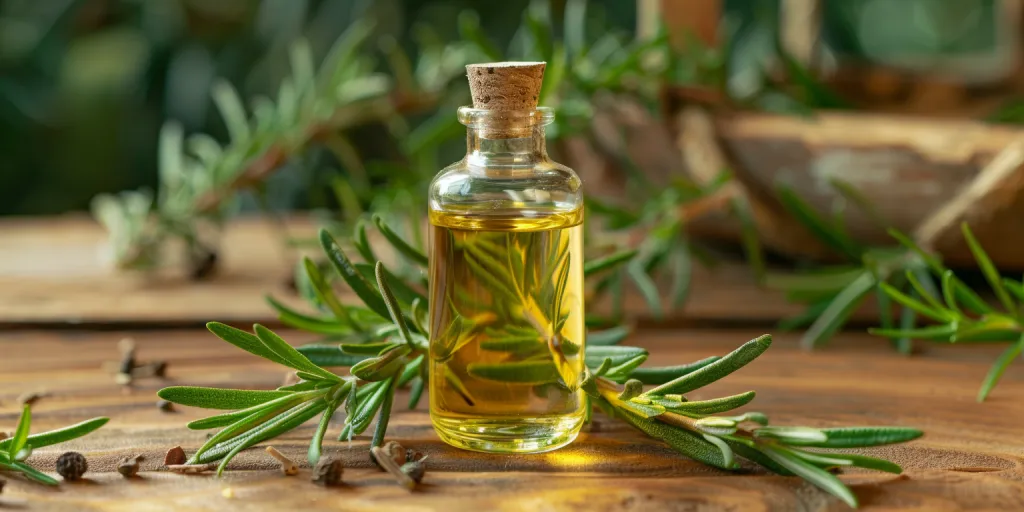 A bottle of rosemary essential oil on the table