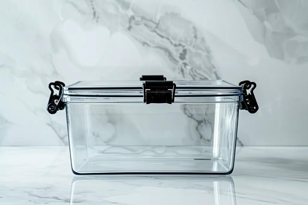 A clear glass rectangular food storage container