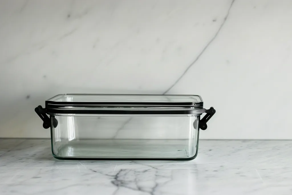 A clear glass rectangular food storage container with a black clasp and handle
