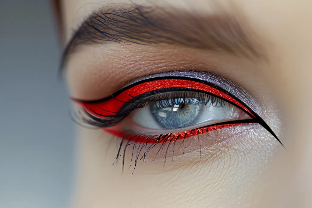 A close up of an eye with eyeliner. Makeup for the eyes and eyebrows