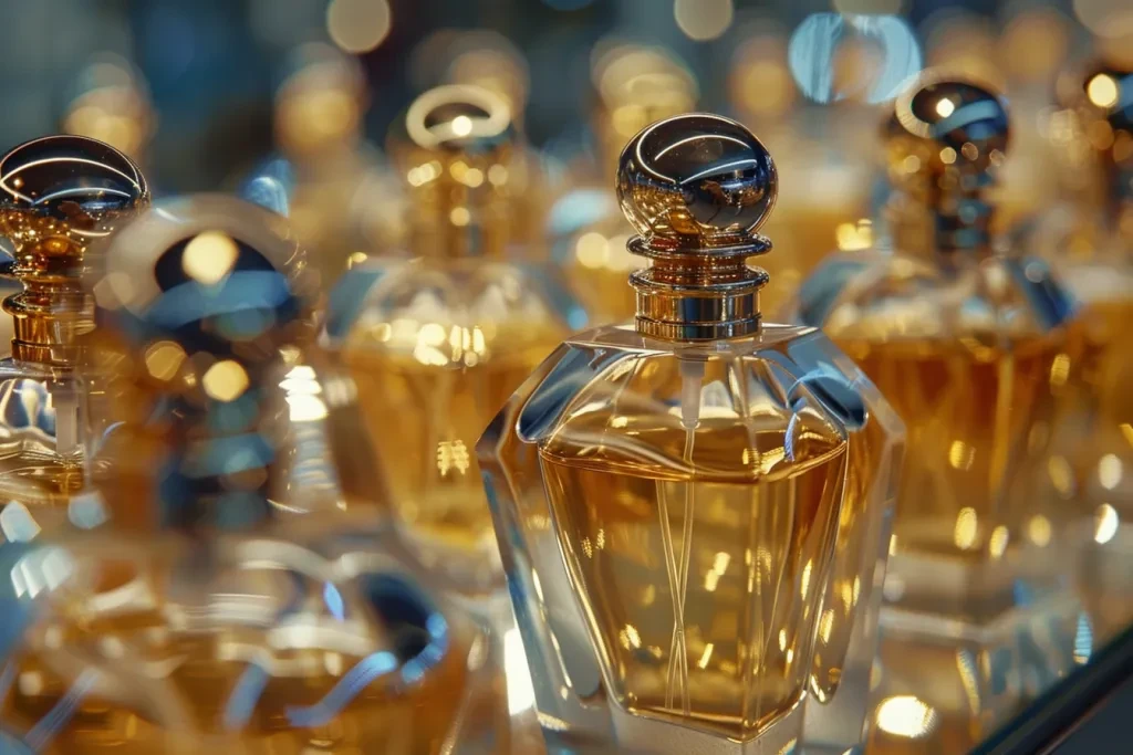 A close up of multiple perfume bottles