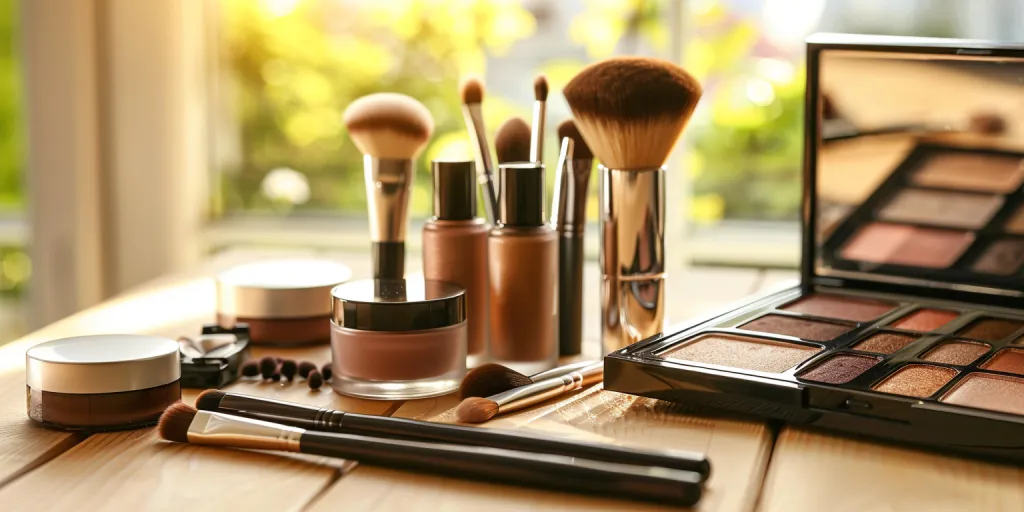 A close up of various makeup products and tools on a table