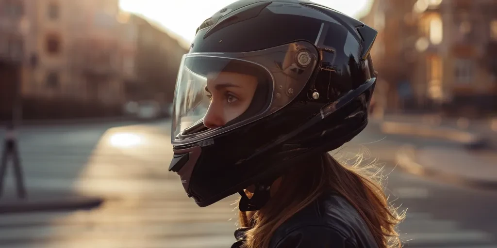 A cute girl wearing an all-black motorcycle helmet