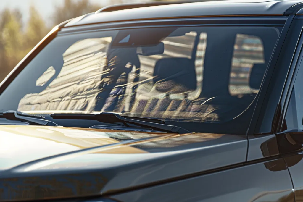 A front view of the sun shade on an SUV's windshield