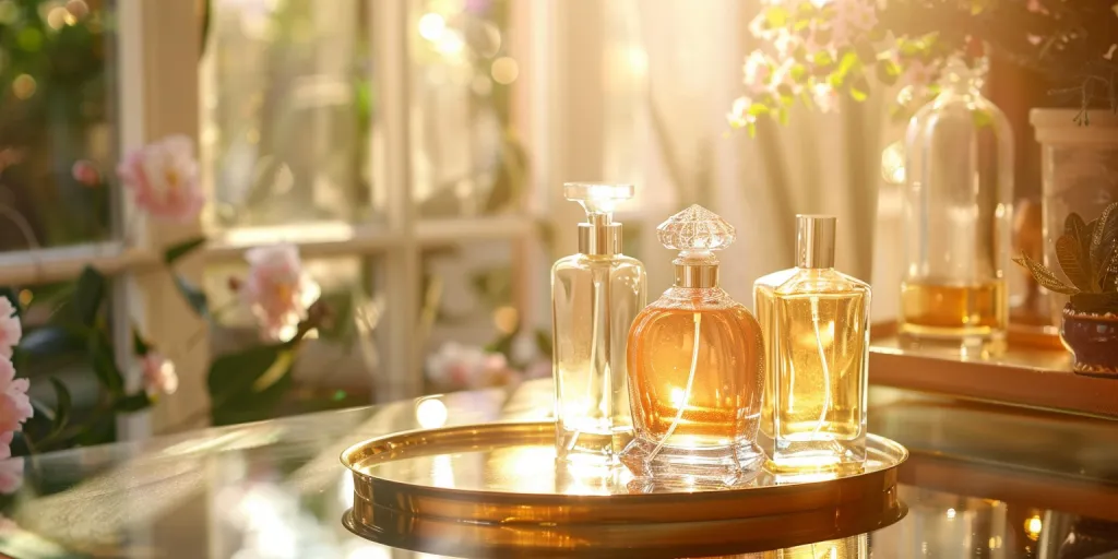 A glass table with three bottles of perfume on it