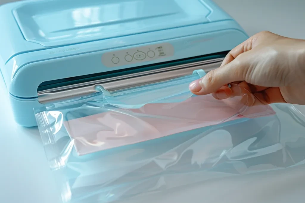 A hand holding a light blue heat seal machine with a clear bag