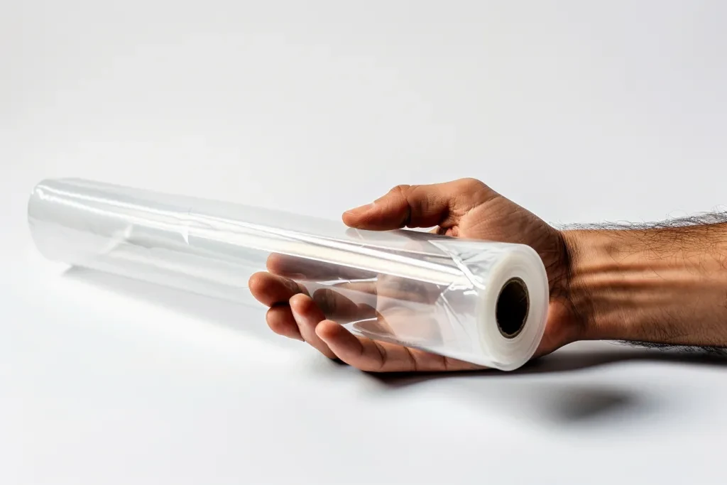 A hand holds polyethylene film wrap