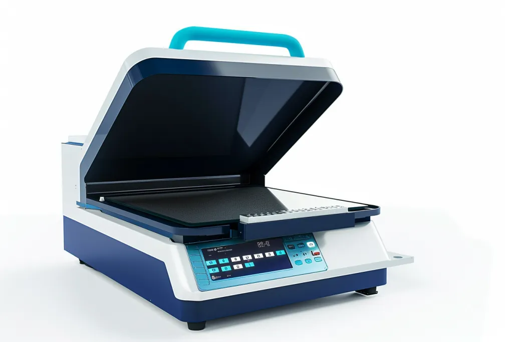 A heat press machine with a blue handle and digital display