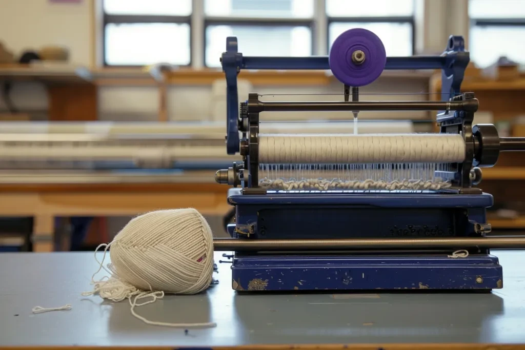 A knitting machine with a blue metal frame