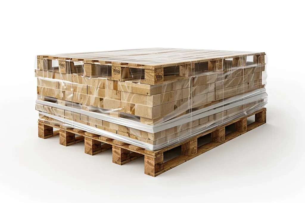 A large pallet of wooden cartons