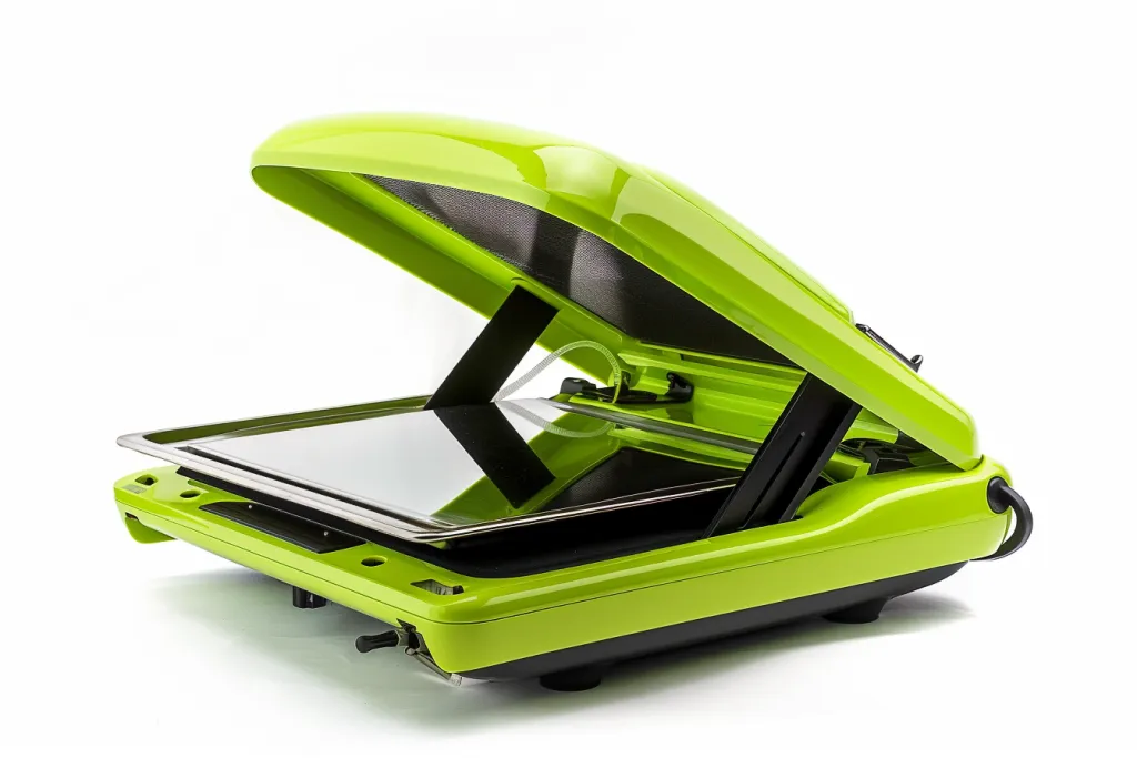 A lime green heat press with black base and white background