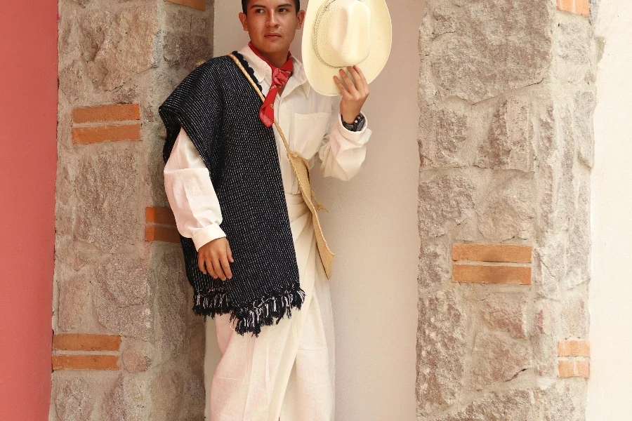 A man in a mexican hat and white shirt