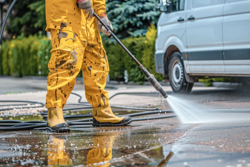 A man in yellow overalls and boots is using an industrial high pressure water metal pole