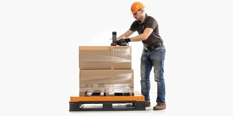 A man using a pallet wrap machine