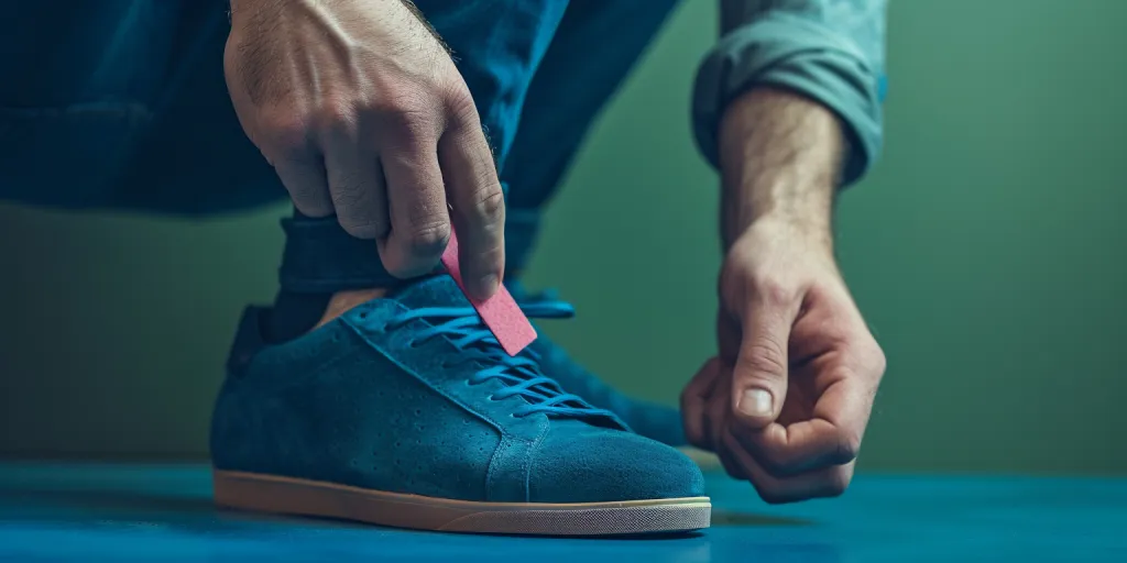 A man using an eraser to dust off the bottom of his blue velvet shoe