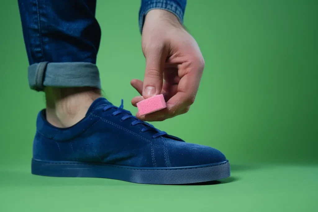 A man using an eraser to dust off the bottom of his blue velvet shoe