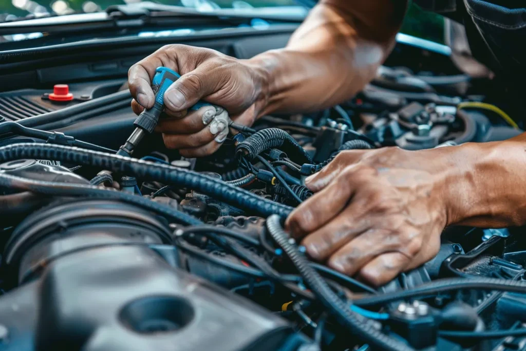 A man's hands use tools to firmly wash the spark plug wires on an engine block of his car