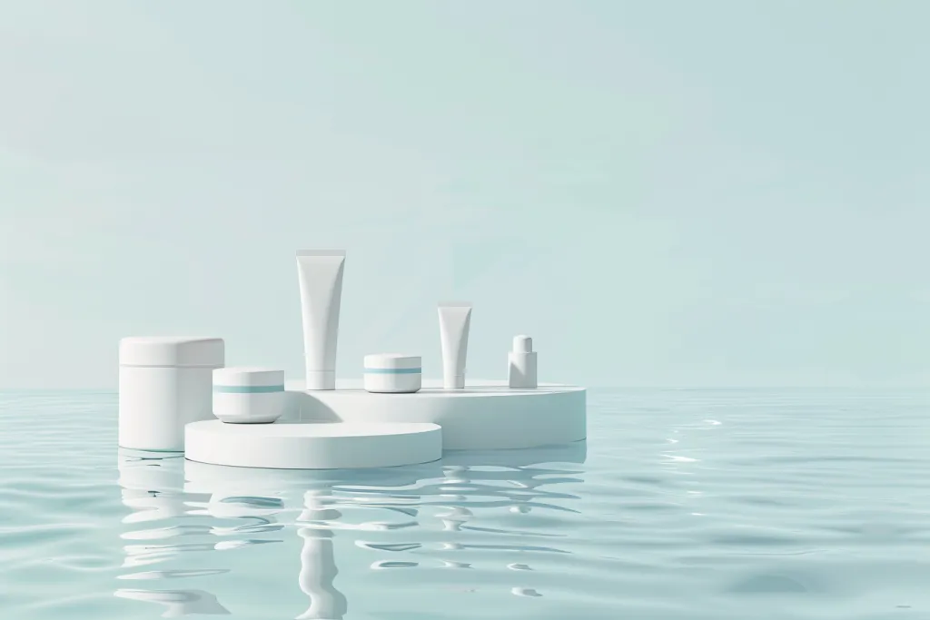 A mockup of white cosmetic products on podiums against a light blue background of water