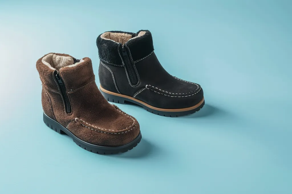 A pair of black and brown Ugg-style short boots on the left