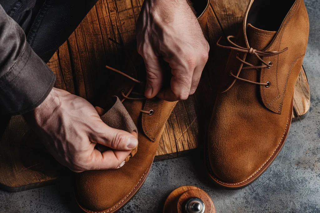 A person applying shoe polish to their brown suede chukka boots