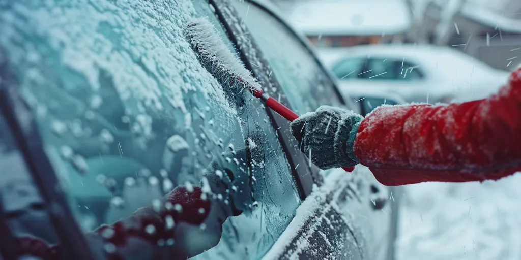 A person cleaning the window of their car with an ice scraper maneuvers