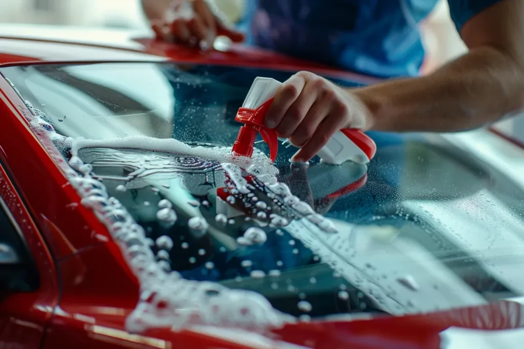 A person cleaning the windshield of their car with an spray bottle